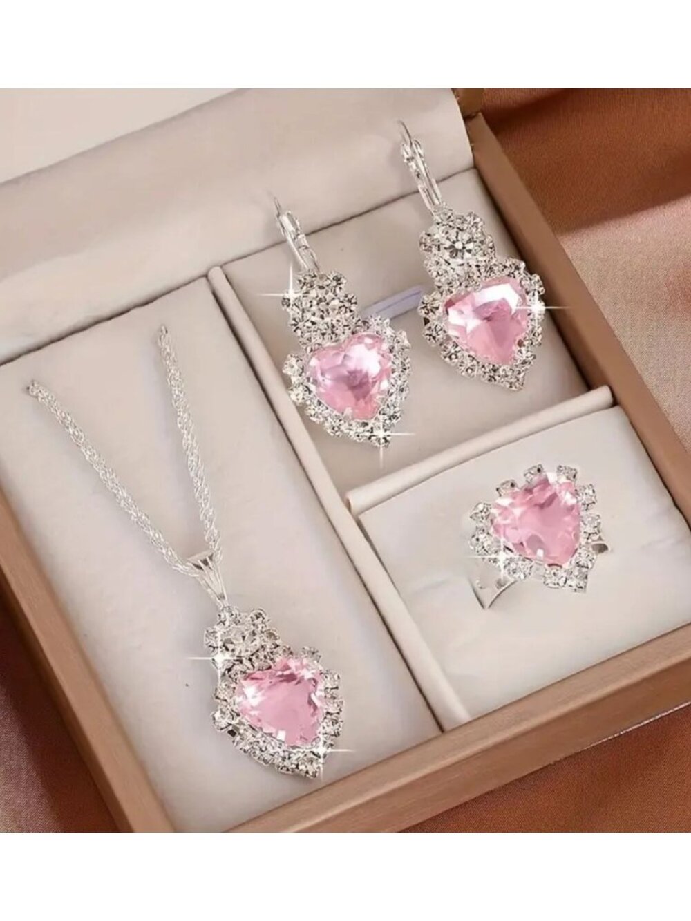 Elegant 4-Piece Pink Heart-Shaped Jewelry Set